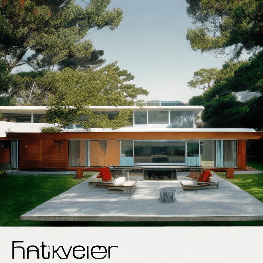 AI generated: Hyper realistic eye level exterior photo of a mid century modern style house overlooking the ocean, ...