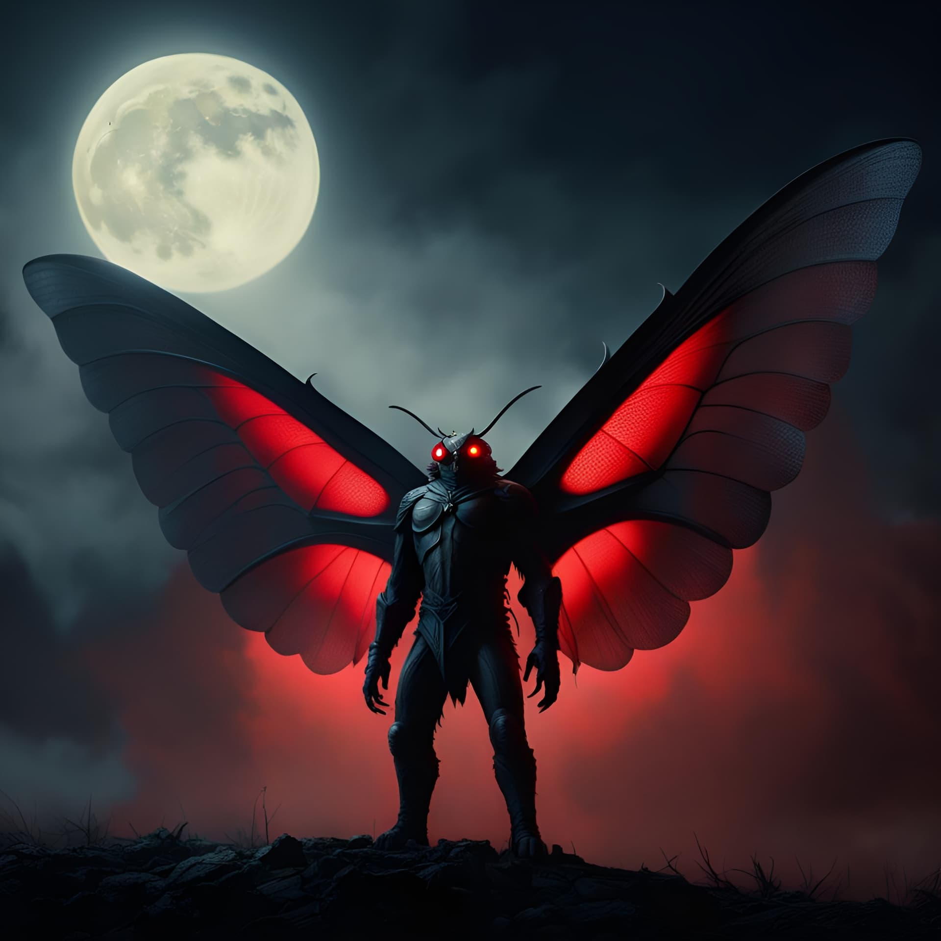 AI generated: The Legendary Cryptid creature known to all as the Moth-Man emerges from a black an red dimly lit fo...