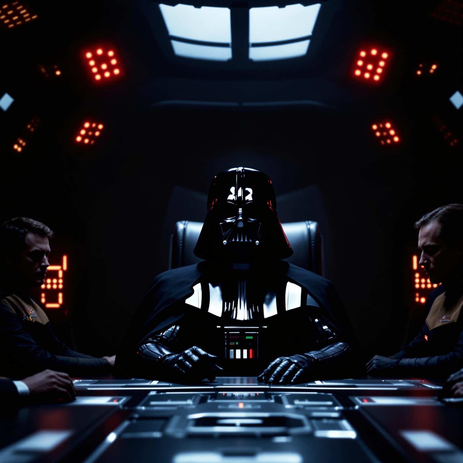 AI generated: "In a shadowy, dimly lit conference room aboard the Death Star, Darth Vader sits at the end of a lon...