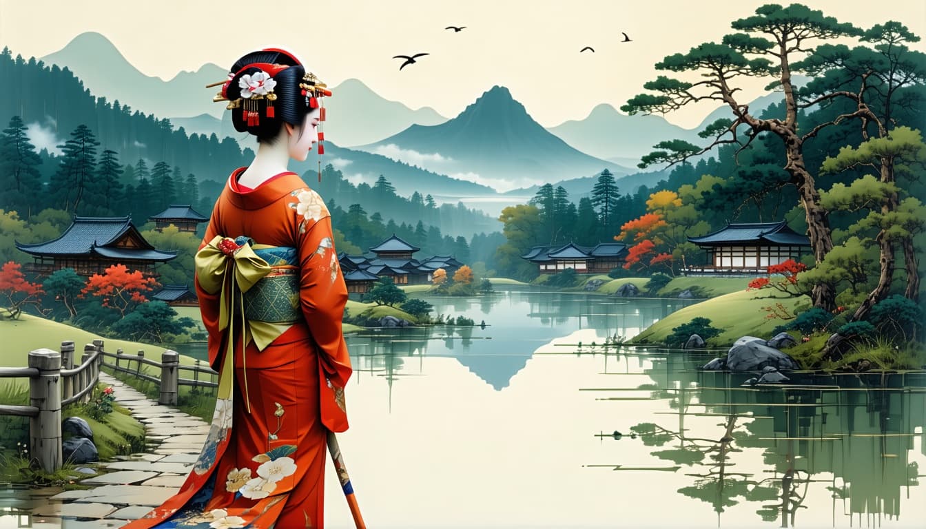 AI generated: Art Nouveau | Beautiful, traditional geisha, wandering through the classical Japanese countryside, f...