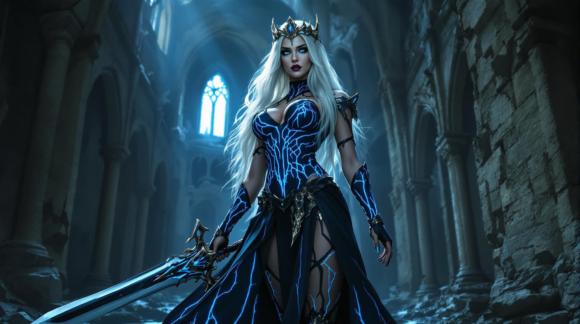 AI generated: a fantasy woman with long, flowing white hair and piercing blue eyes, standing confidently in a ruin...