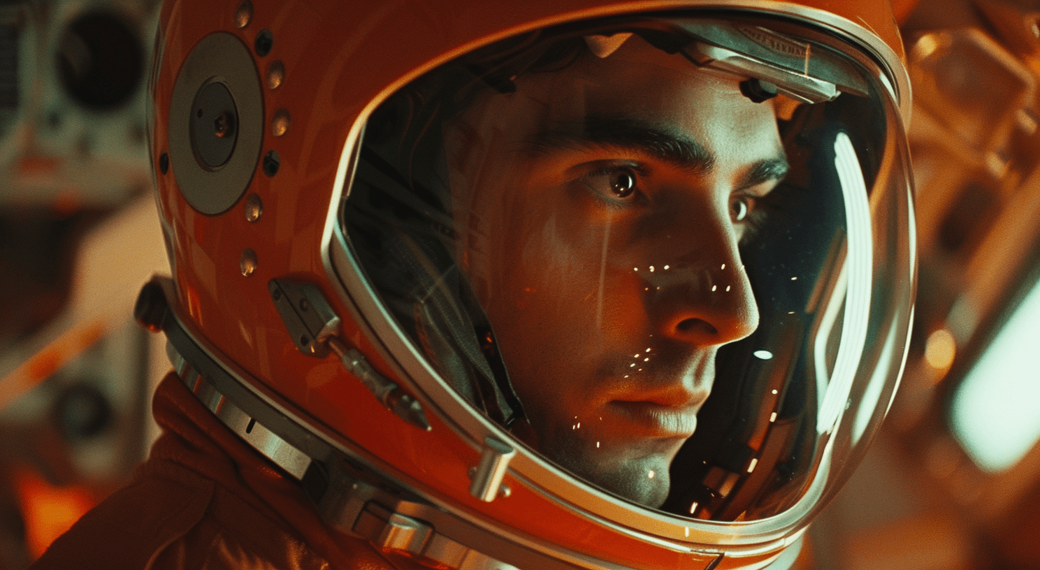 AI generated: Close up of a man in an orange space suit helmet, screen grab from a movie like alien. Rephrased to ...