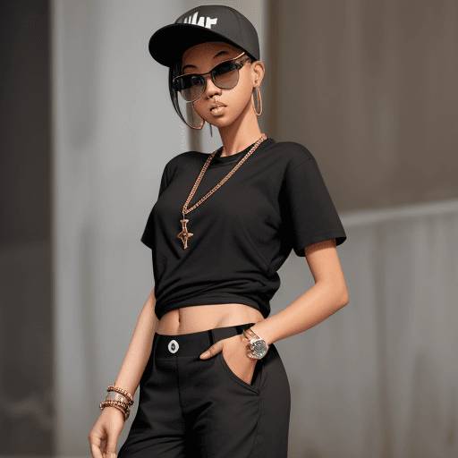 AI generated: A girl in black t shirt,khakis capris,hip hop gold cuban link,watch and black converse