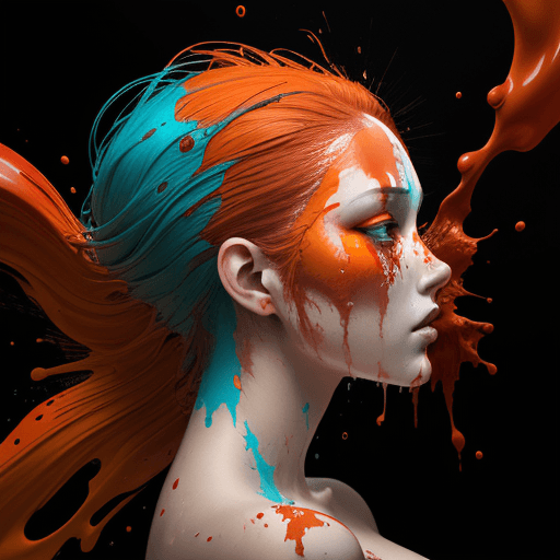 AI generated: Red and orange paint on the face of a woman, in the style of vray tracing, fluid forms, hyper-realis...