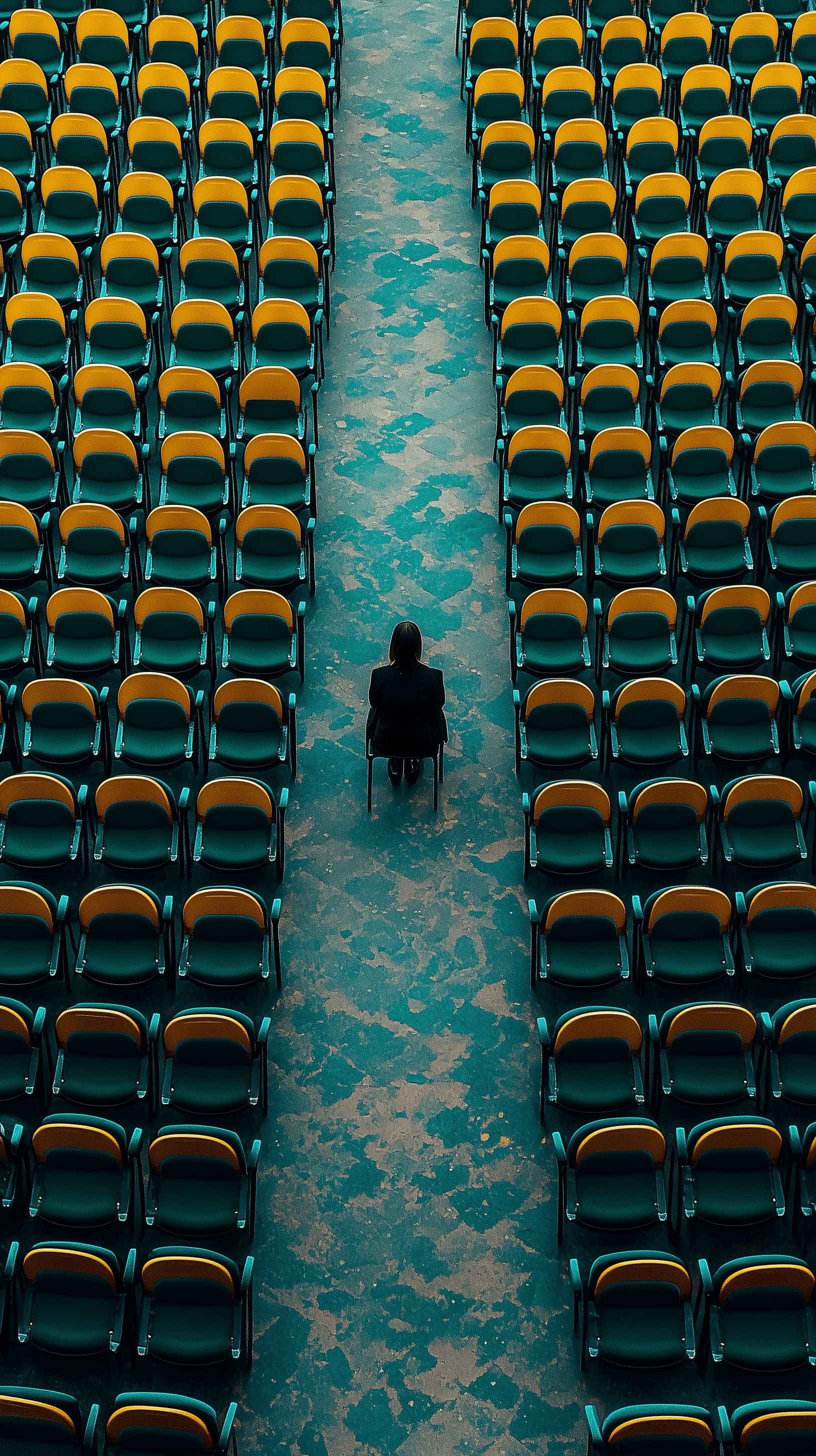AI generated: photography, long range shot, empty concert hall, repeating geometric patterns of seats in deep emer...