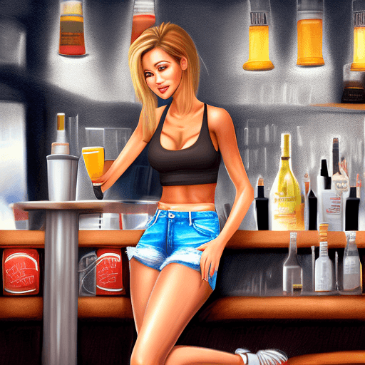 AI generated: photorealistic a sexy fit girl at the bar leaning on the table in unzipped jeans shorts.