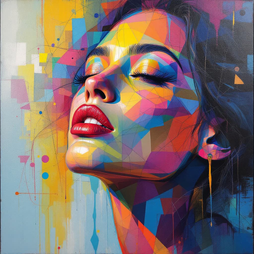 AI generated: an painting on the canvas of a woman in colorful tones, in the style of martin ansin, cracked, seren...