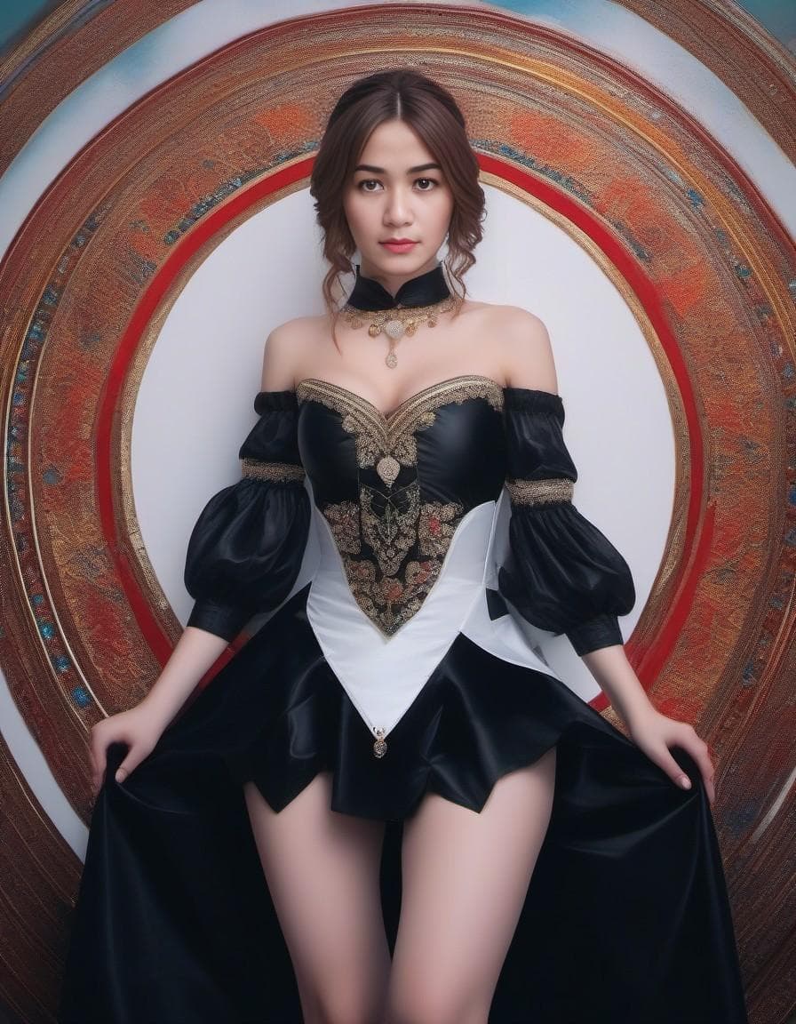 AI generated: 18 year old in black latex lingerie, standing, upskirt, lolita style, very colorful style, young loo...