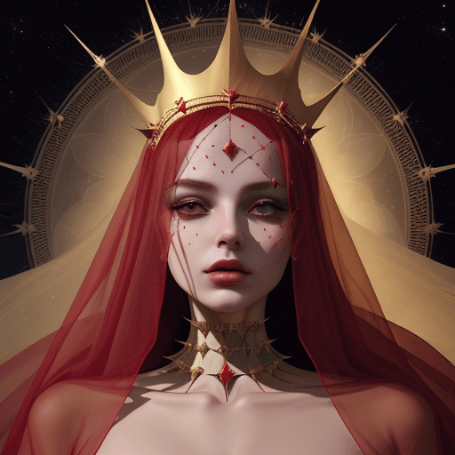 AI generated:  lady in red veils her face and has a large golden spiked crown, in the style of celestial fasion, o...