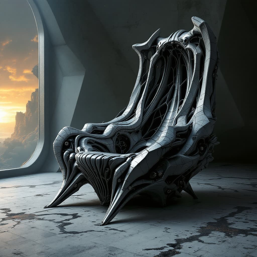 AI generated: dreamscape huge HR Giger style chair, concept furniture, painting on grey, hyper realistic, illustra...