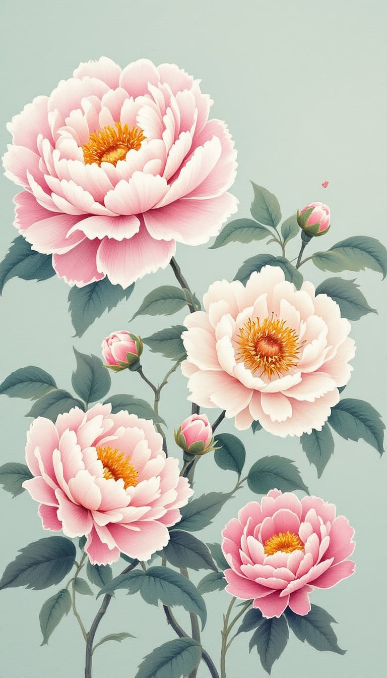 AI generated: Beautiful Chinese peonies decorate the soft light green canvas