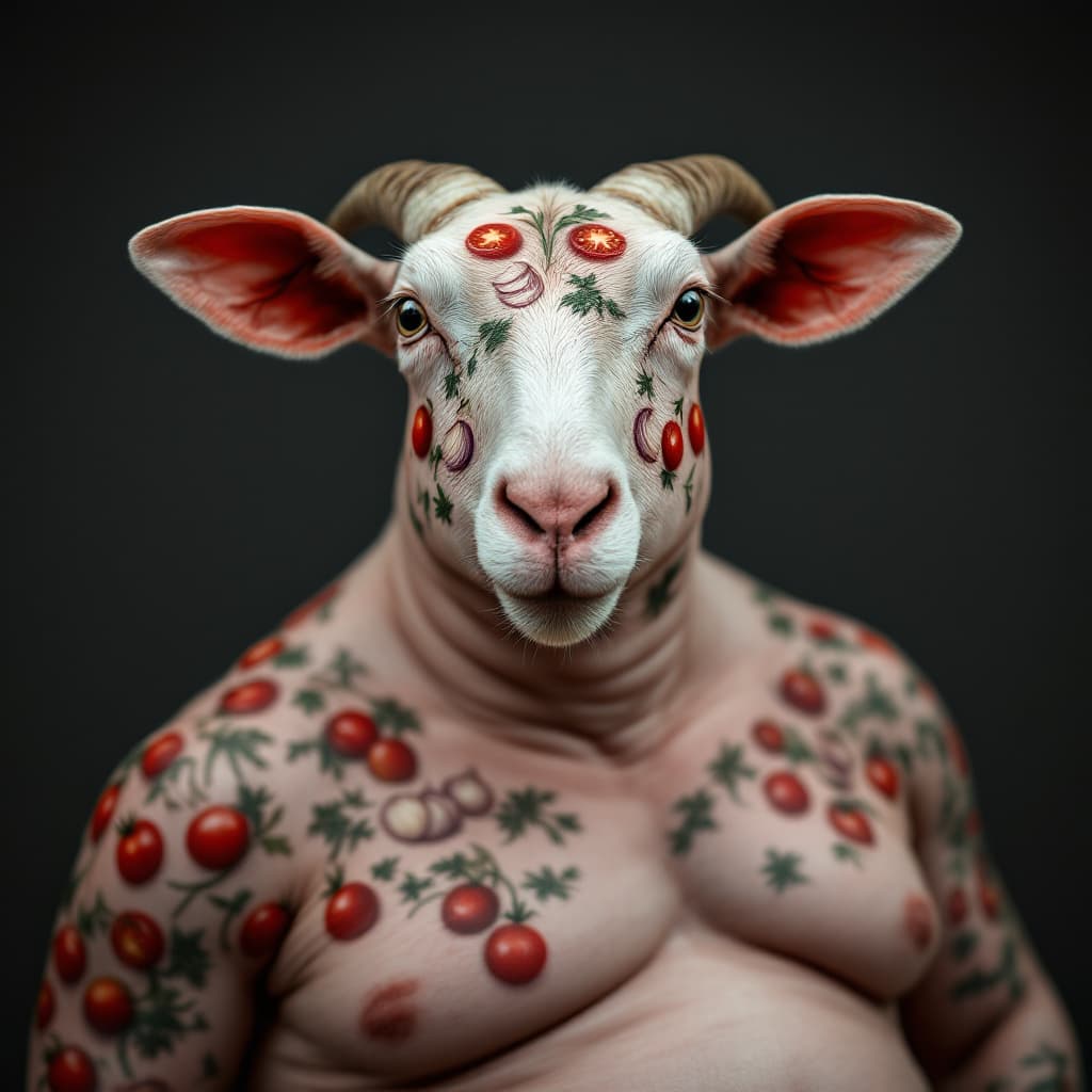 AI generated: photo close up, studio portrait, hairless, shaved, no hair full body shaved big fat sheep tattooed t...