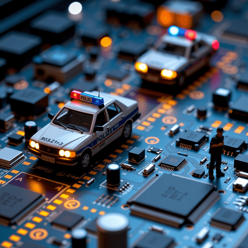 AI generated: Eine Miniatur-Polizeiverfolgungsjagd auf einem Motherboard, winzige Autos rasen Ã¼ber Datenpfade, Ch...