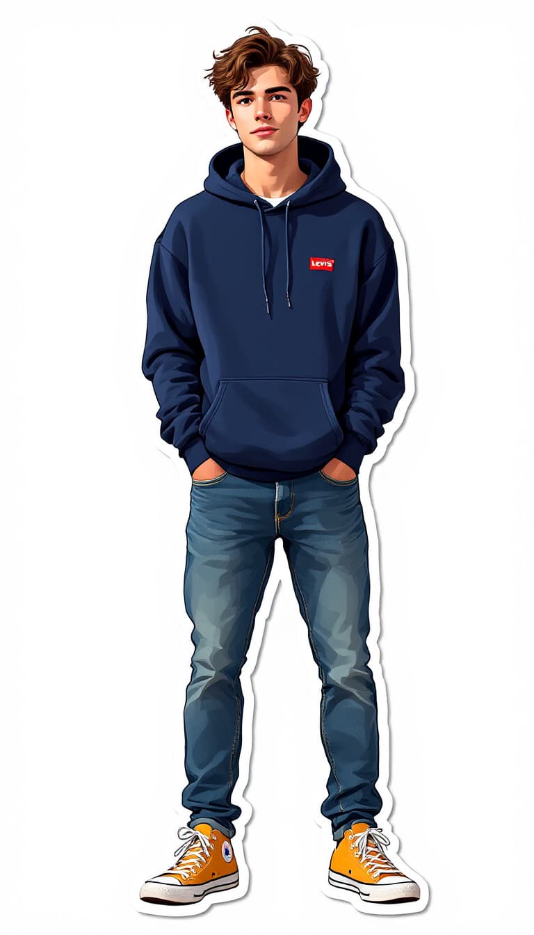 AI generated: A full-body sticker-style illustration of a young man with brown hair and a light, sparse one-day st...