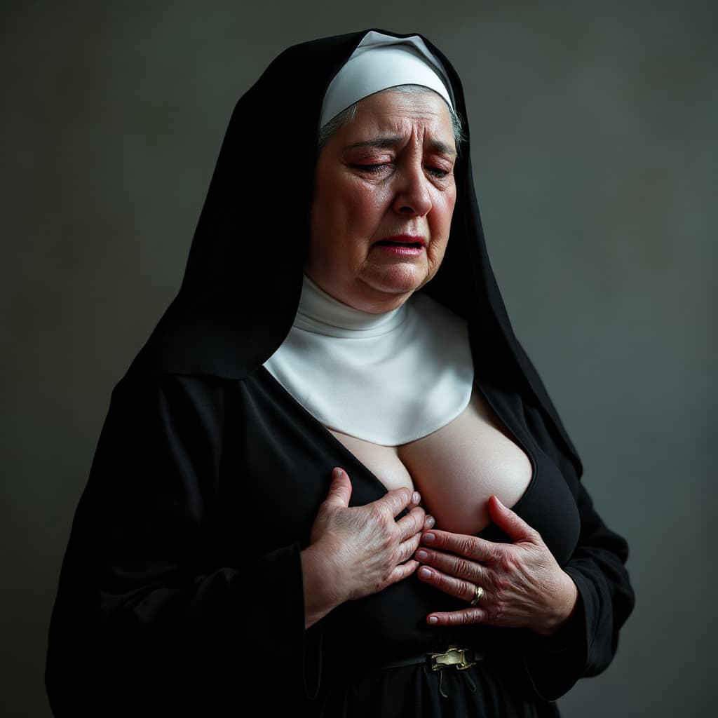 AI generated: middle aged nun, big breasted, tears, crying, hands on breast, her tits out of the dress