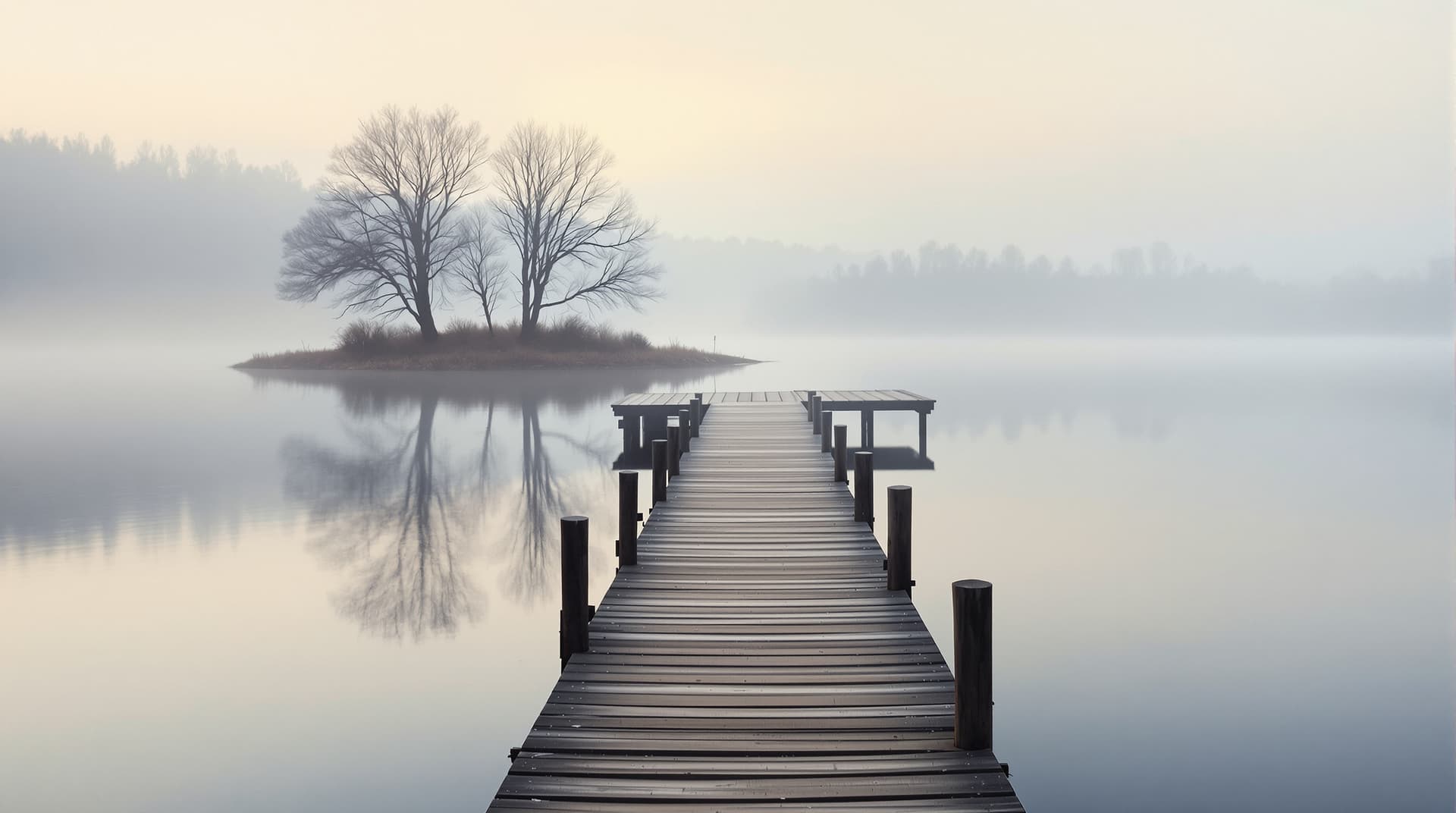 AI generated: A serene lakeside scene at dawn, painterly realism. A wooden dock extends into calm, mirror-like wat...