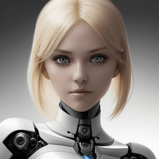 AI generated: A photo of an attractive blonde woman looking straight to camera with visible robotic elements in he...