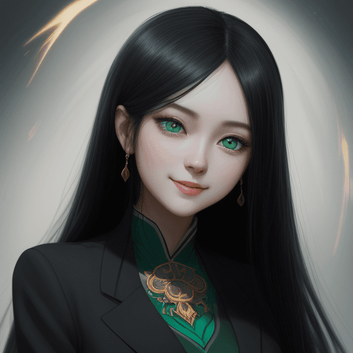 AI generated: 
girl with long black hair in black blazer and white blouse, azure eyes, shy smile, in the style of ...
