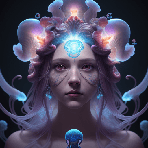 AI generated: Goddess close-up portrait ribcagel. jellyfish phoenix head, nautilus, orchid, skull, betta fish, bio...