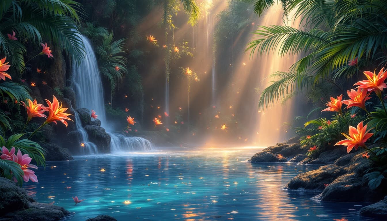 AI generated:  depicting an intimate,anime  mixed manga style, dreamlike portrait of the paradise lagoon's edge, w...