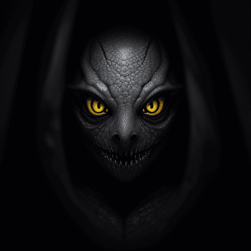 AI generated: Scary creature emerging out of the darkness, flat snout, yellow eyes, horror, dark and haunting, hyp...