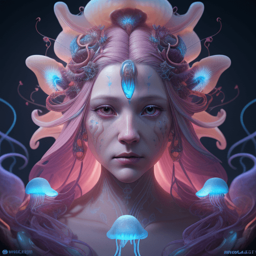 AI generated: Goddess close-up portrait ribcagel. jellyfish phoenix head, nautilus, orchid, skull, betta fish, bio...