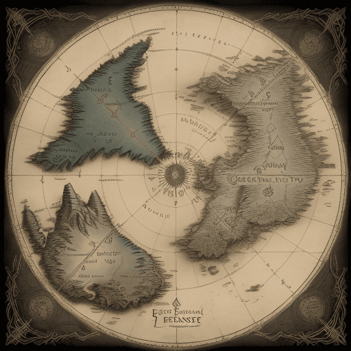 AI generated: dark fantasy map, large continent to the west, three islands to the east, detailed, intricate detail...
