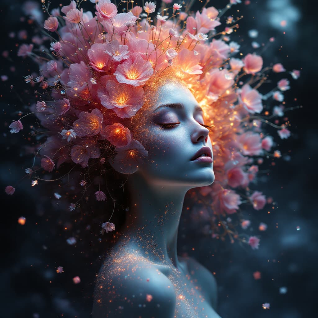AI generated:  This image depicts a mystical female figure encased in a glittering, crystalline matrix of vibrant ...