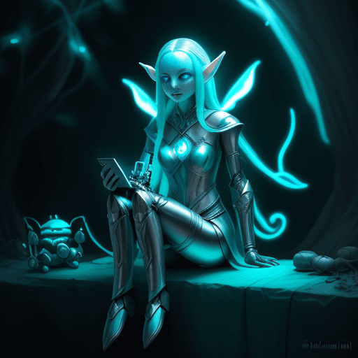 AI generated: Elf Galadriel dressed in a robot outfit in the dark and having a earphone, in the style of Ali kiani...