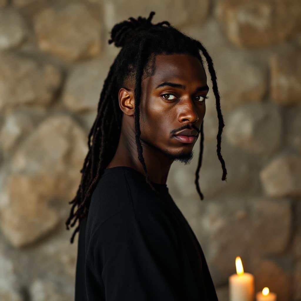 AI generated: “Three-quarter portrait of a man with deep-set amber eyes and long dark dreadlocks tied back, strong...