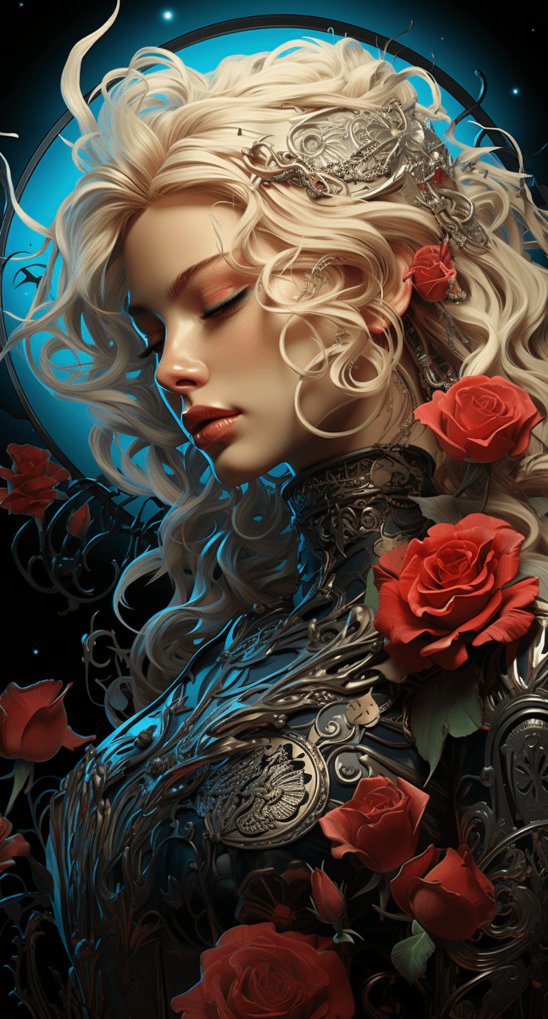 AI generated: blonde girl in a cosmic dress, full-body tattoos, ornate, rococo, grotesque, zbrush art, majestic, o...