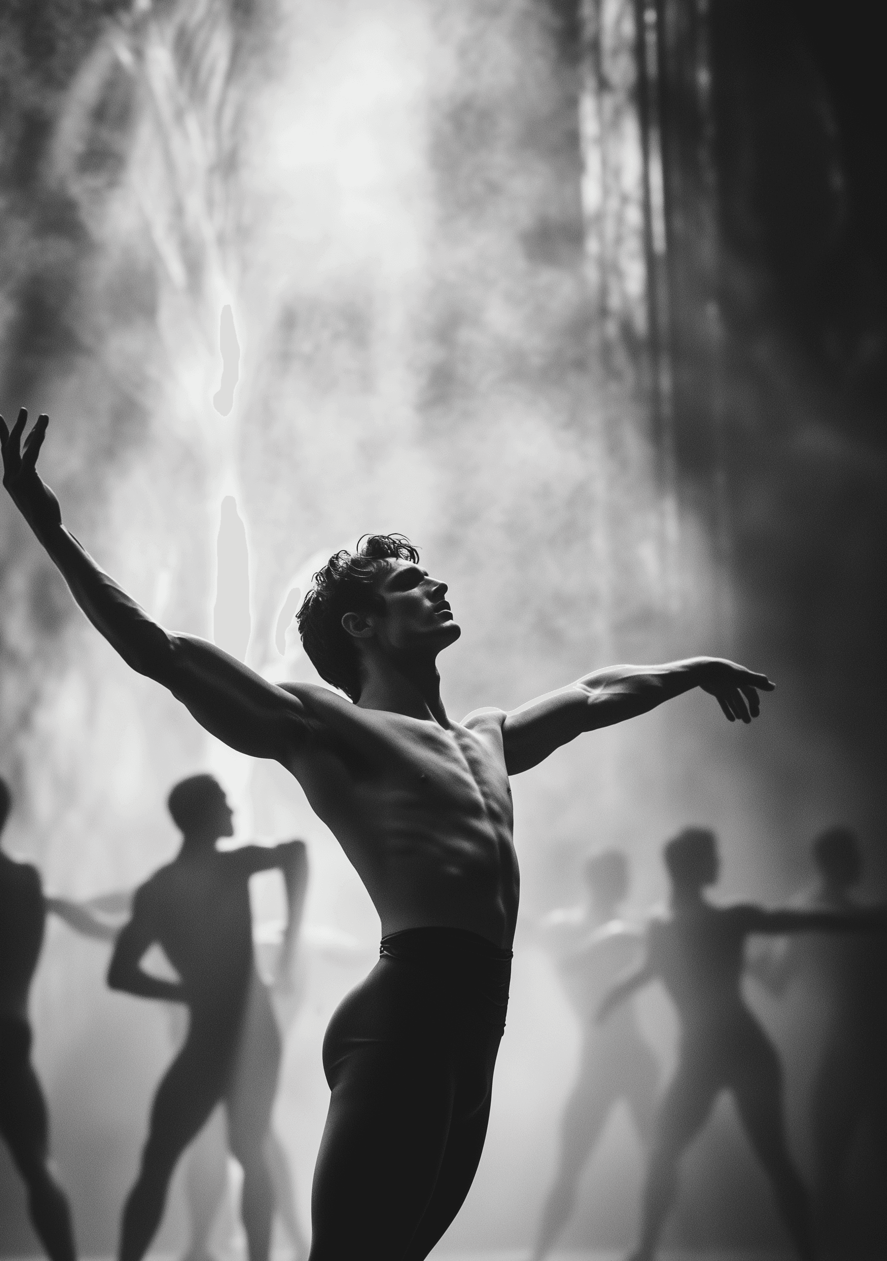 AI generated: A black and white photograph of an Italian male ballet dancer in the style of Tom. Within a grand, m...