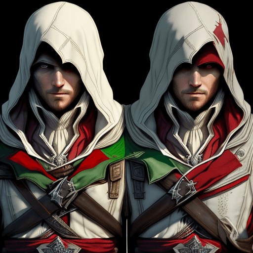 AI generated: assassin's creed video games, in the style of dark white and light maroon, exaggerated facial featur...