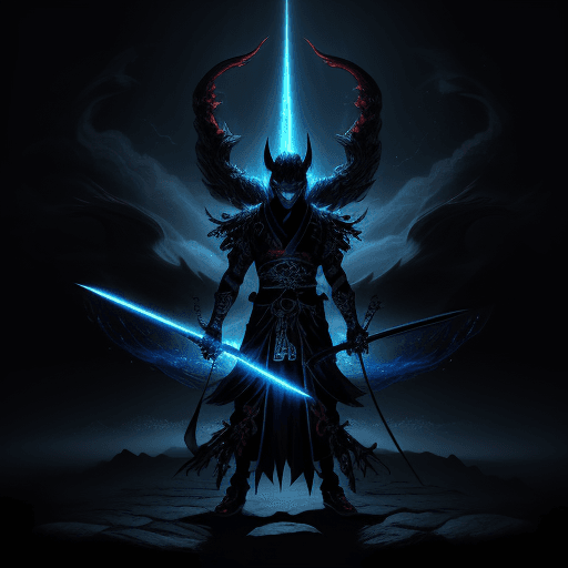 AI generated: The Japanese devil god,  holding a glowing black cinematic sword, (cool), ultra high res, ((dark fan...