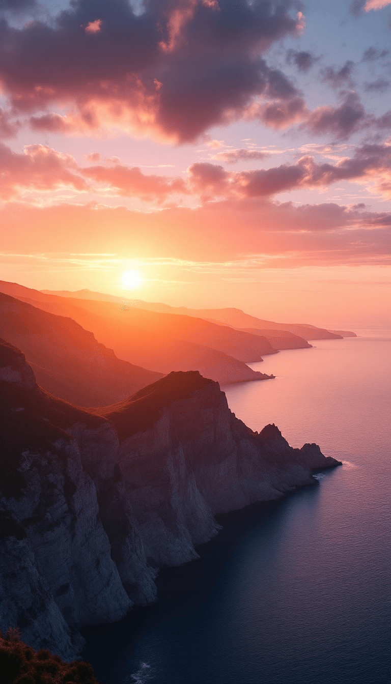 AI generated: An aerial view of the Crimean coast during sunset: steep cliffs silhouetted against the warm hues of...