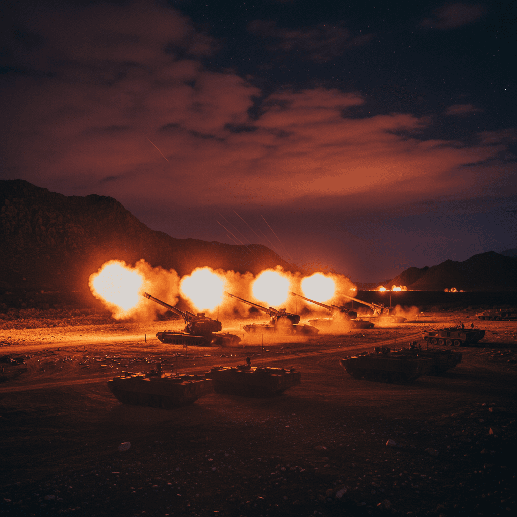 AI generated: "An artillery battery firing at night — wide shot, glowing muzzle flashes lighting up the sky"