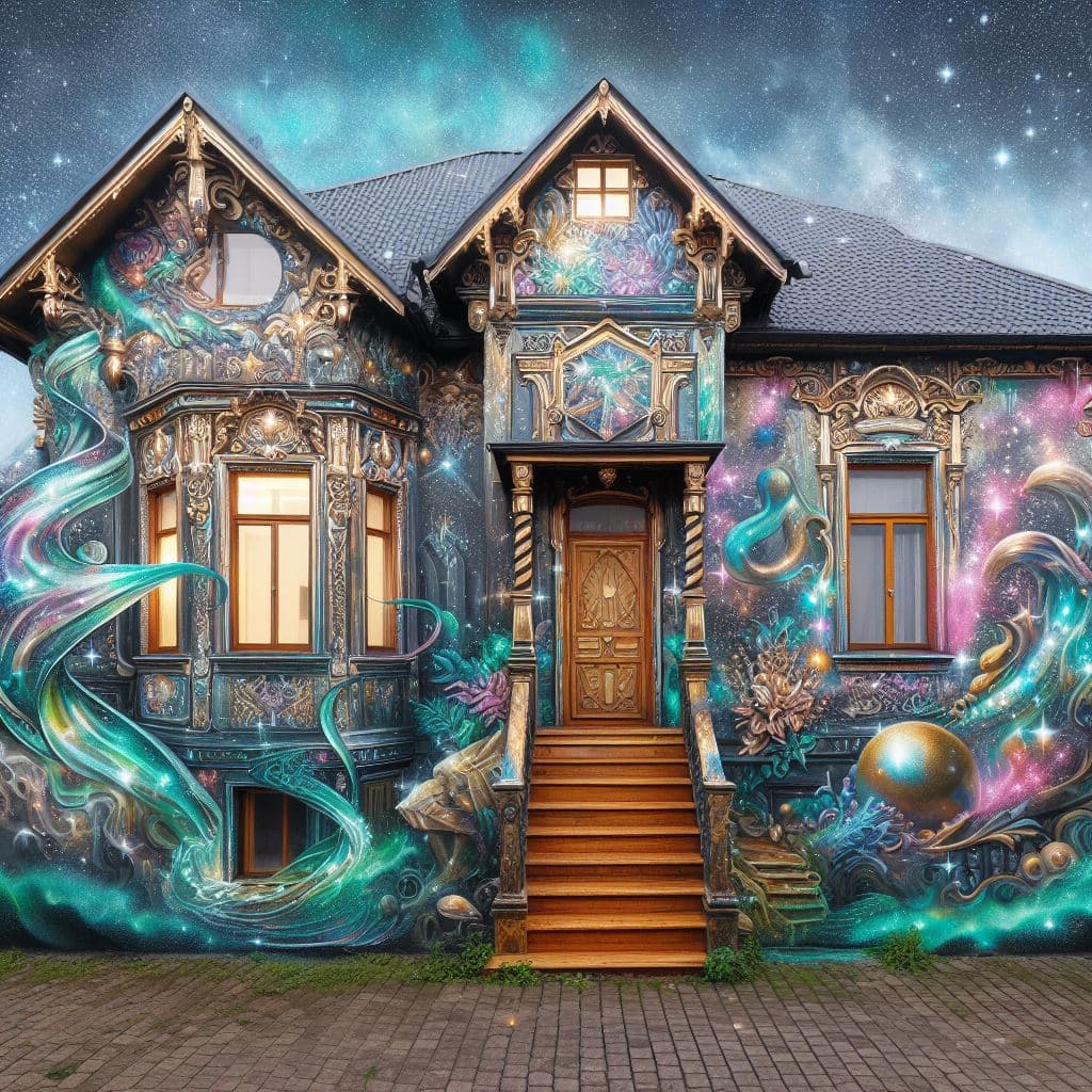 AI generated: A Majestic Mural Fantasy Graffiti Graphic House in the style of a Famous Street Artist Designer with...