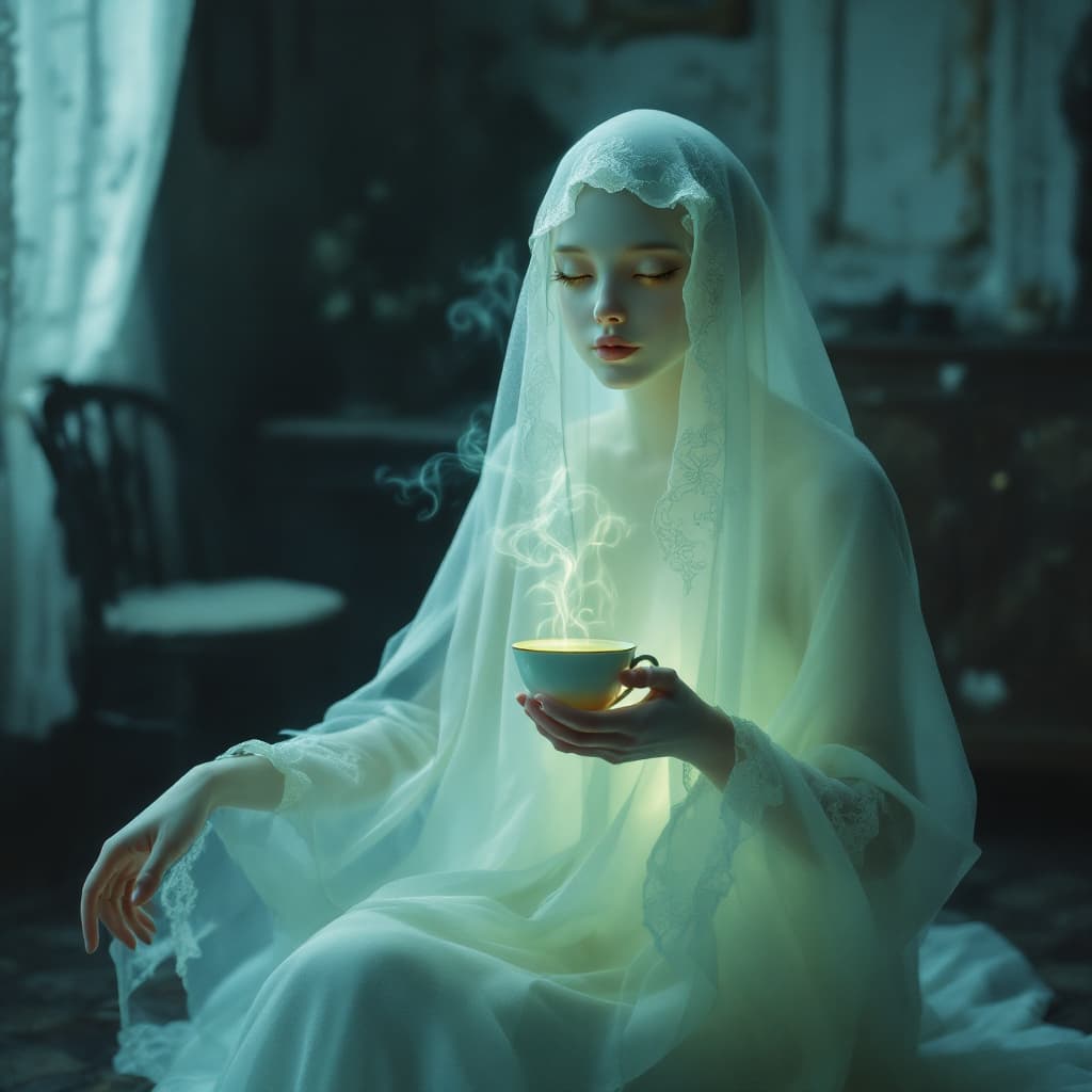 AI generated: Imagine a high-definition scene with a ghost sitting in an ethereal, misty room. The ghost, semi-tra...