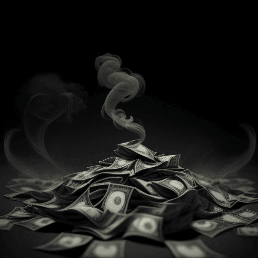 AI generated: High resolution black background, filled with smoke in the background. Money laying on the ground.