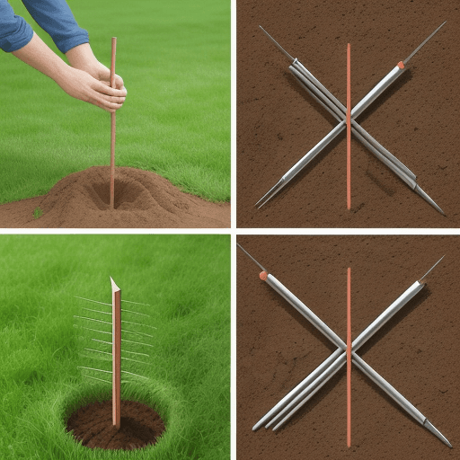 AI generated: 4 stakes planted in the ground, tip upwards, aligned and spaced 1.5m apart, they measure 1.5m high
