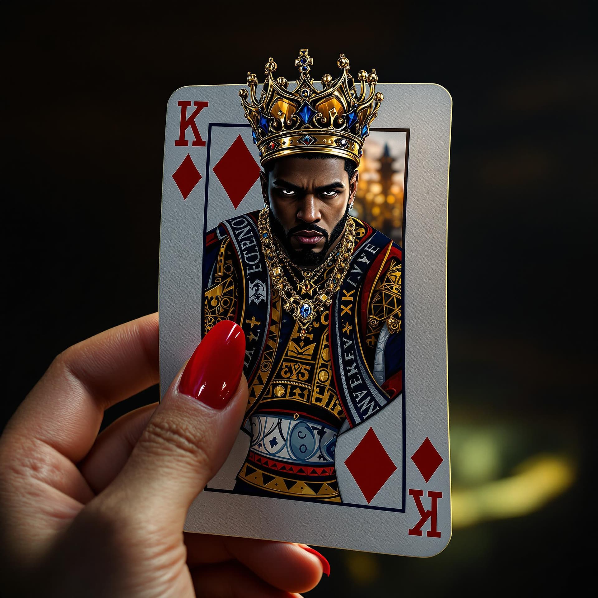 AI generated: a woman's hand with long red nails holding a king of diamonds playing card depicting a realistic hip...