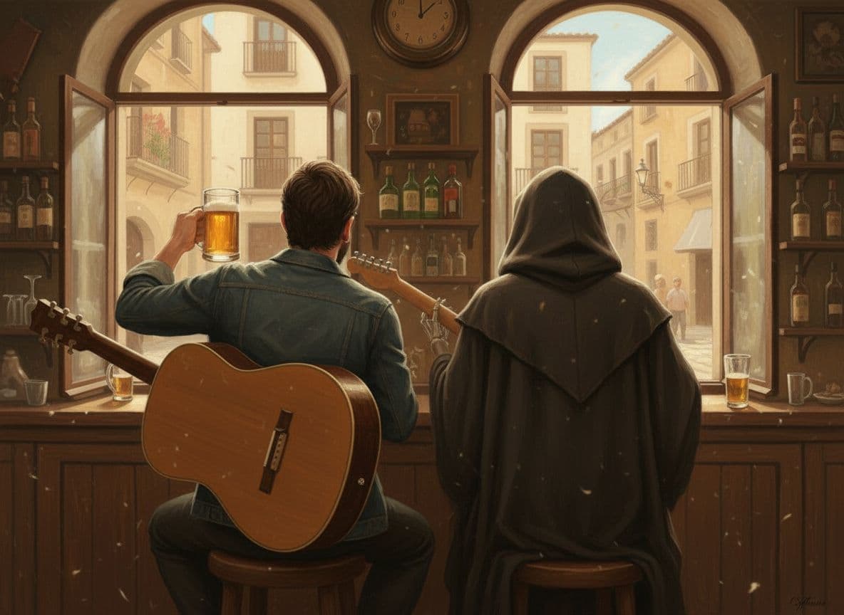 AI generated: the Grim Reaper and a man sitting at the bar, viewed from behind, the man is holding a guitar and a ...