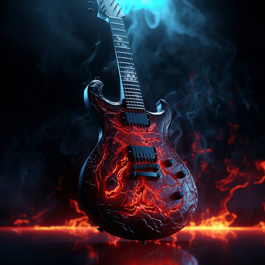 AI generated: an twisted electric guitar, translucent, a hellishly evil soul, dark, intricate design and details, ...