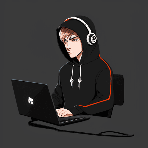 AI generated: Create character, looking a computer screen, wearing Hoodie and headphones, simple, vector, design, 