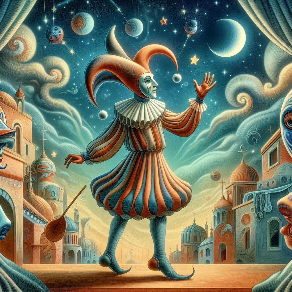 AI generated: Pulcinella in a comedia dell arte stageplay. Neo surrealism, magical realism, bizarre art, pop surre...