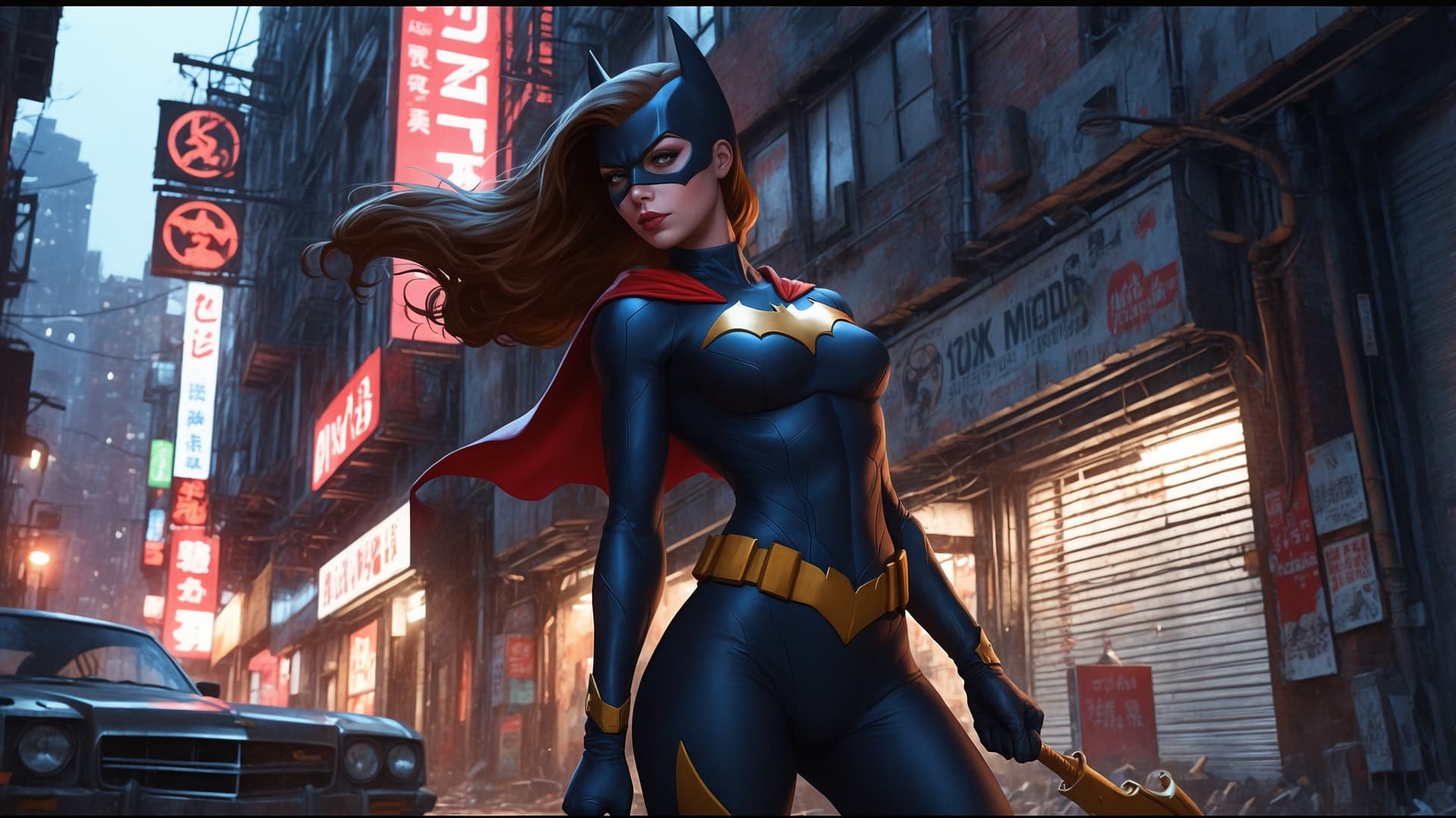 AI generated: Highly detailed digital illustration of a female superhero, Batgirl, walking confidently through a d...