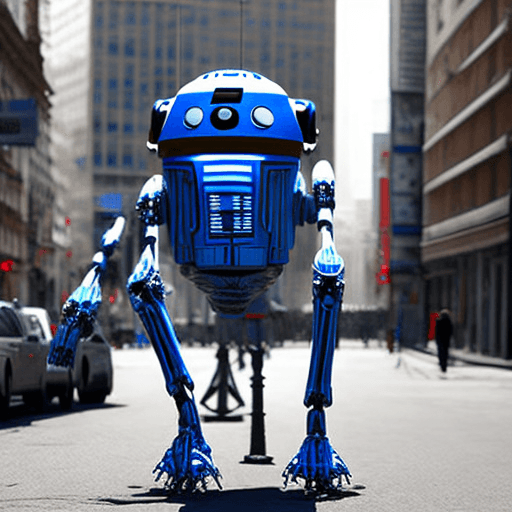 AI generated: arachnid robot, long top droid head, blue & white color, no arms, same size long legs, city ambient
