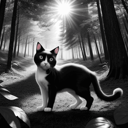 AI generated: black and white cat, in a beautiful colorful forest, sunshine, high resolution, colorful