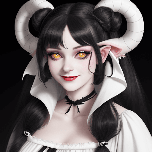 AI generated: YoungTiefling woman with a pastel dress, long white and black hair with two side buns and black horn...