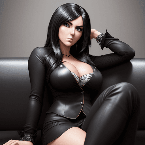 AI generated: Hyper realistic Jessica Nigri black hair black clothes sitting on a couch